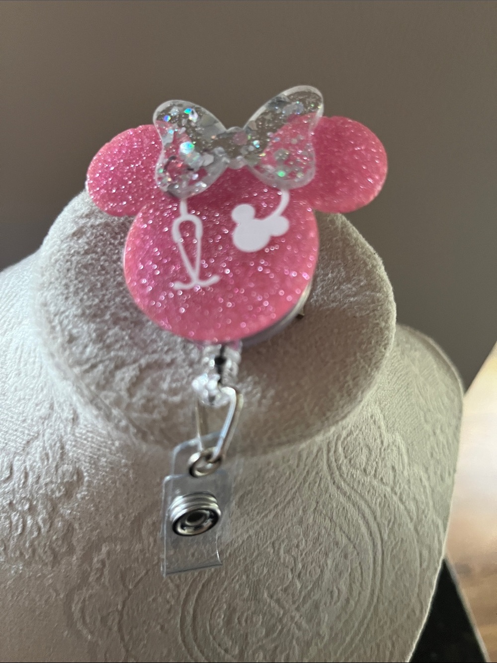 Sparkling Pink Minnie Ear Badge Reel with Glitter Bow